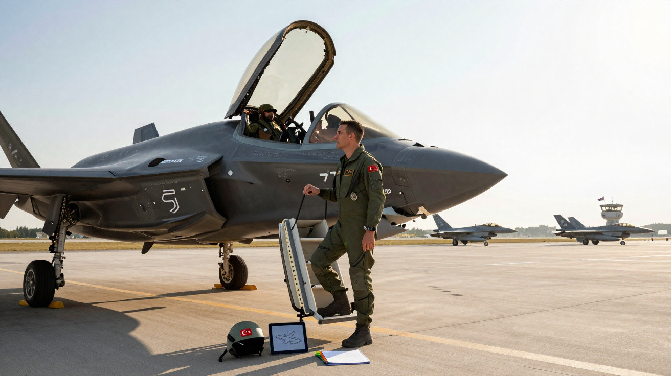 Militar em traje de voo próximo a caça F-35 com pilotos e equipamentos em pista de aeroporto militar.