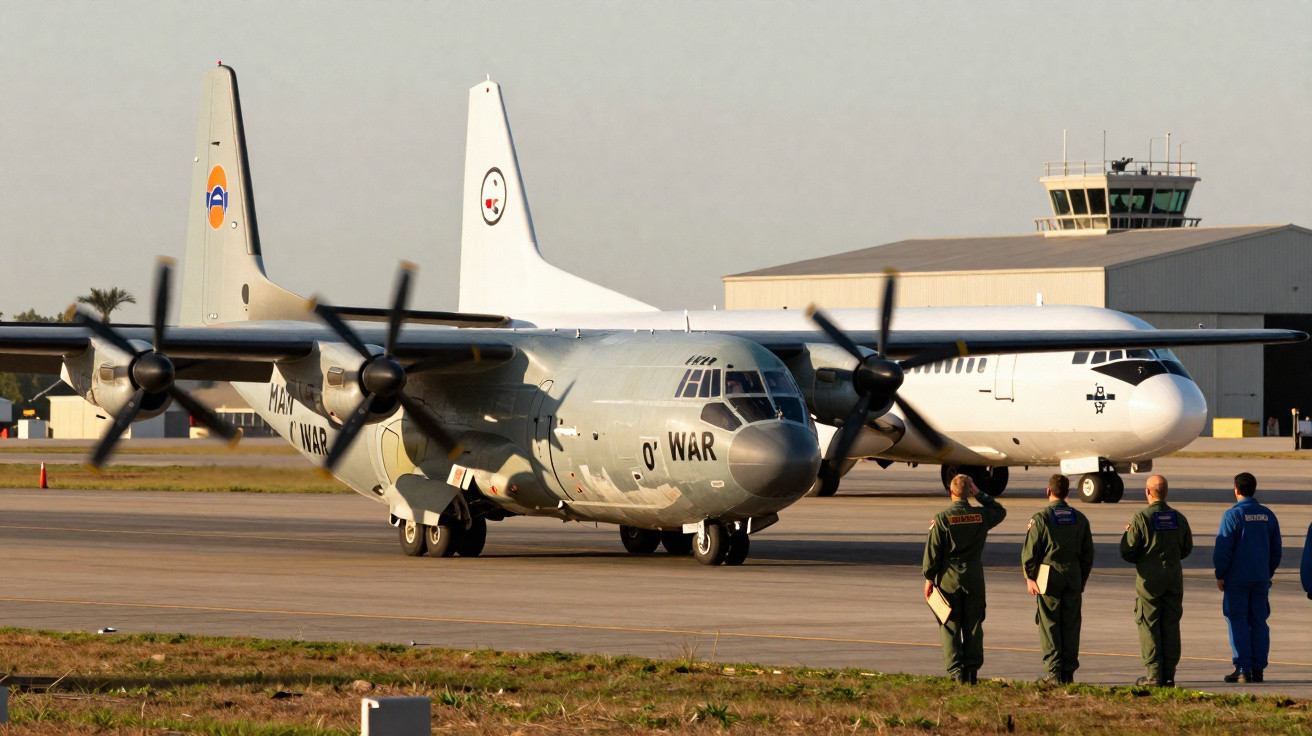 Quatro militares observam dois aviões militares estacionados em pista de aeroporto com torre de controle ao fundo.