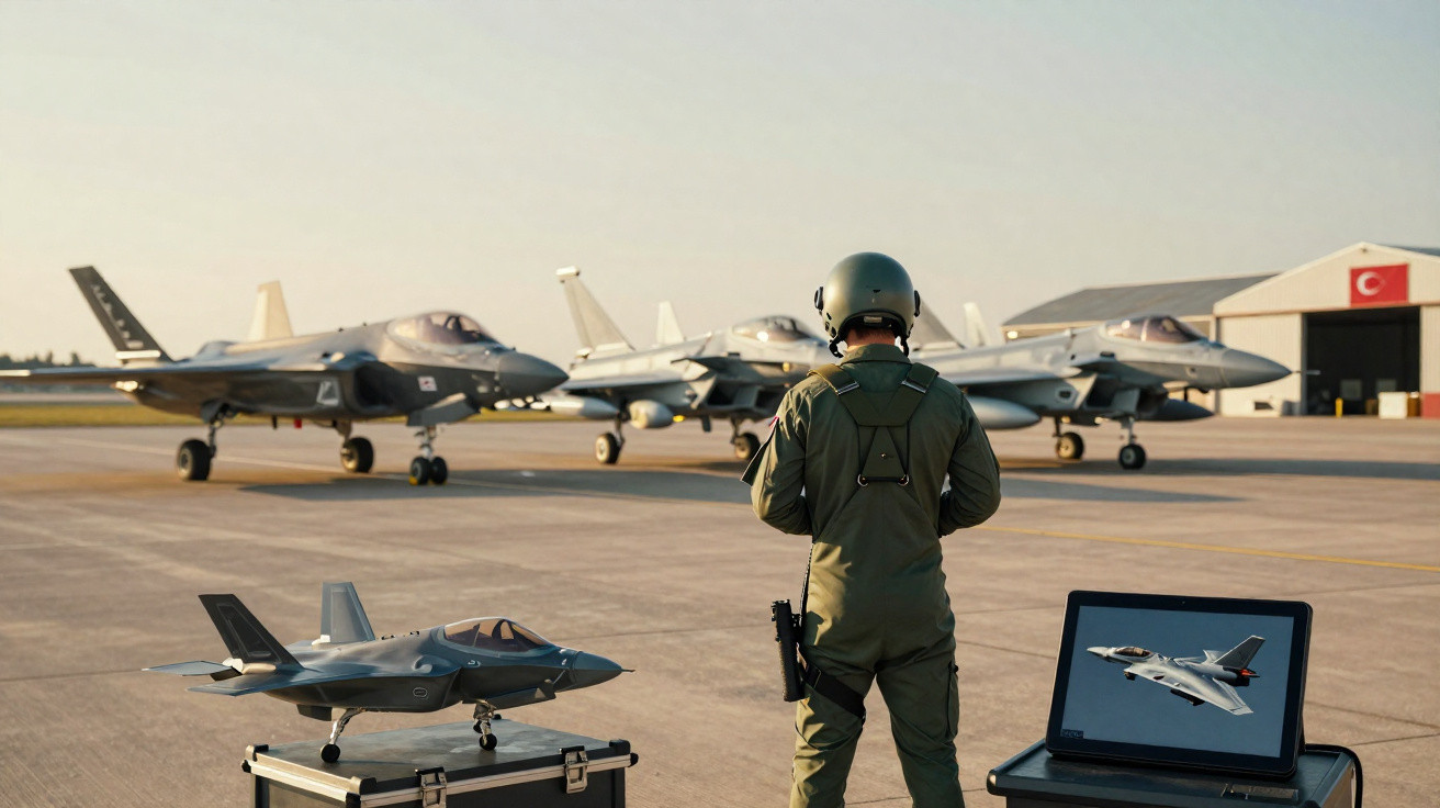 Piloto em uniforme observa jets militares estacionados, com modelo de avião e tela exibindo caça na pista.