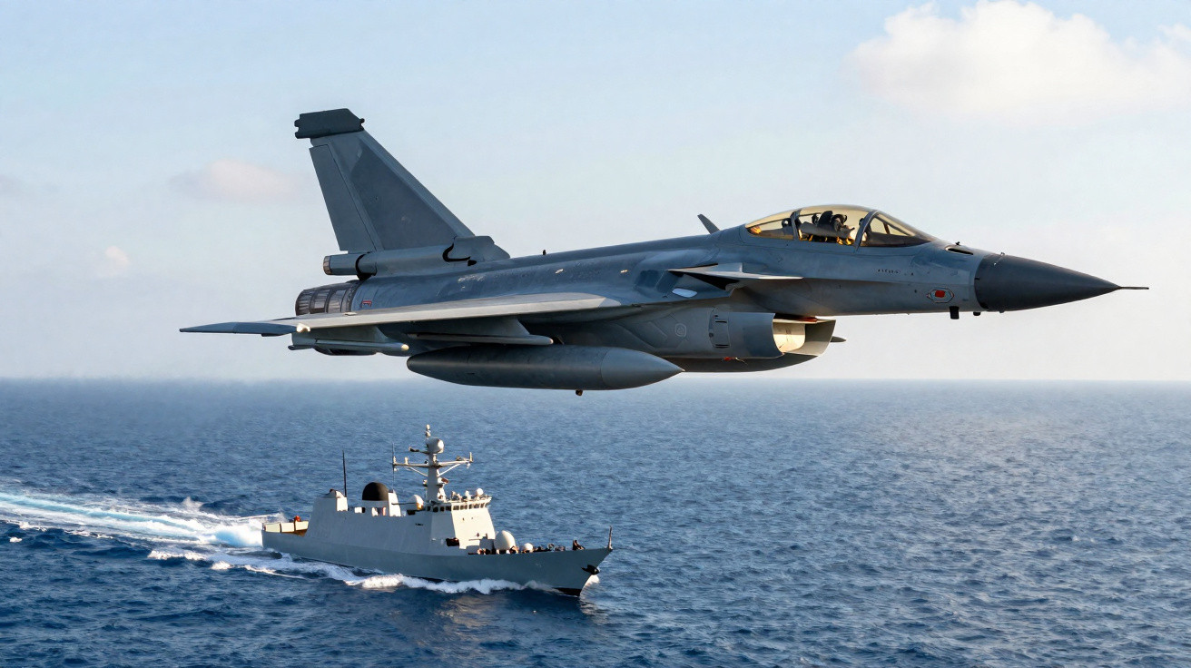 Caça militar voando próximo a um navio de guerra no mar sob céu claro.