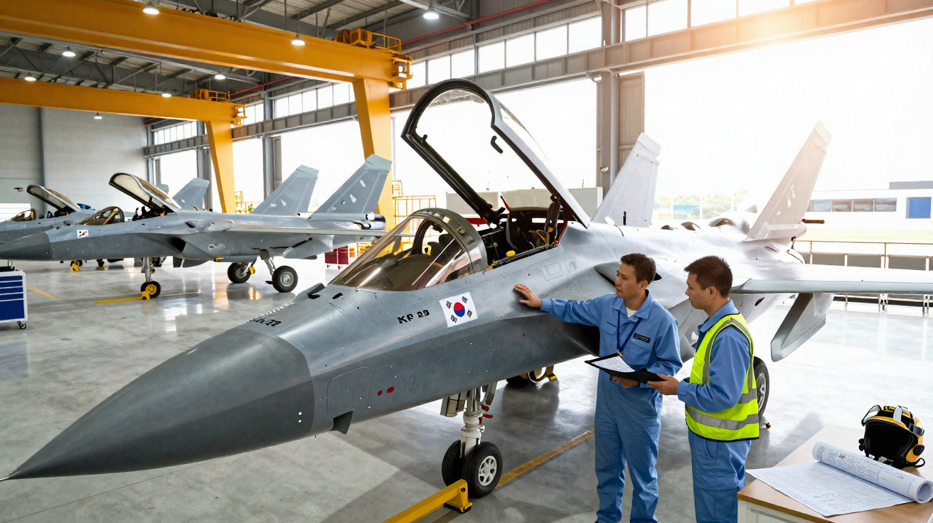Dois técnicos inspecionam um caça militar com a bandeira da Coreia do Sul em hangar iluminado.