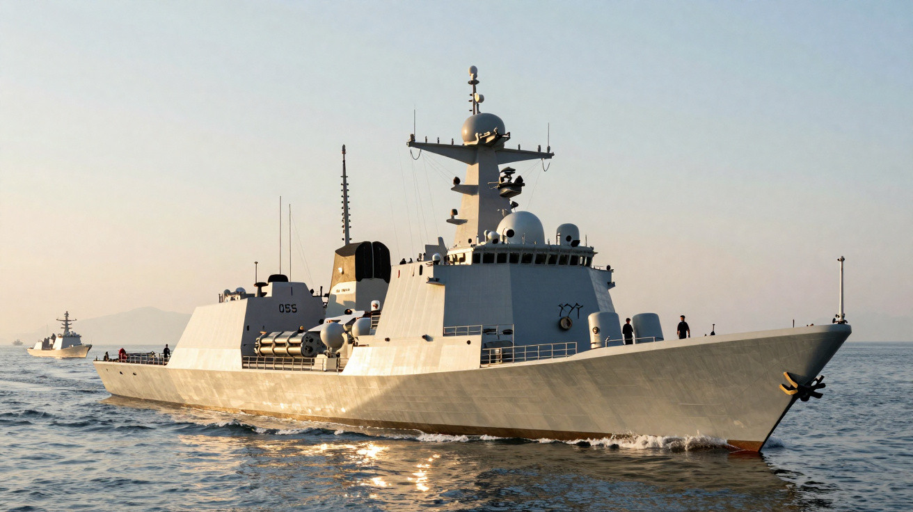 Corveta militar cinza navegando em mar calmo ao entardecer com tripulação visível no convés.