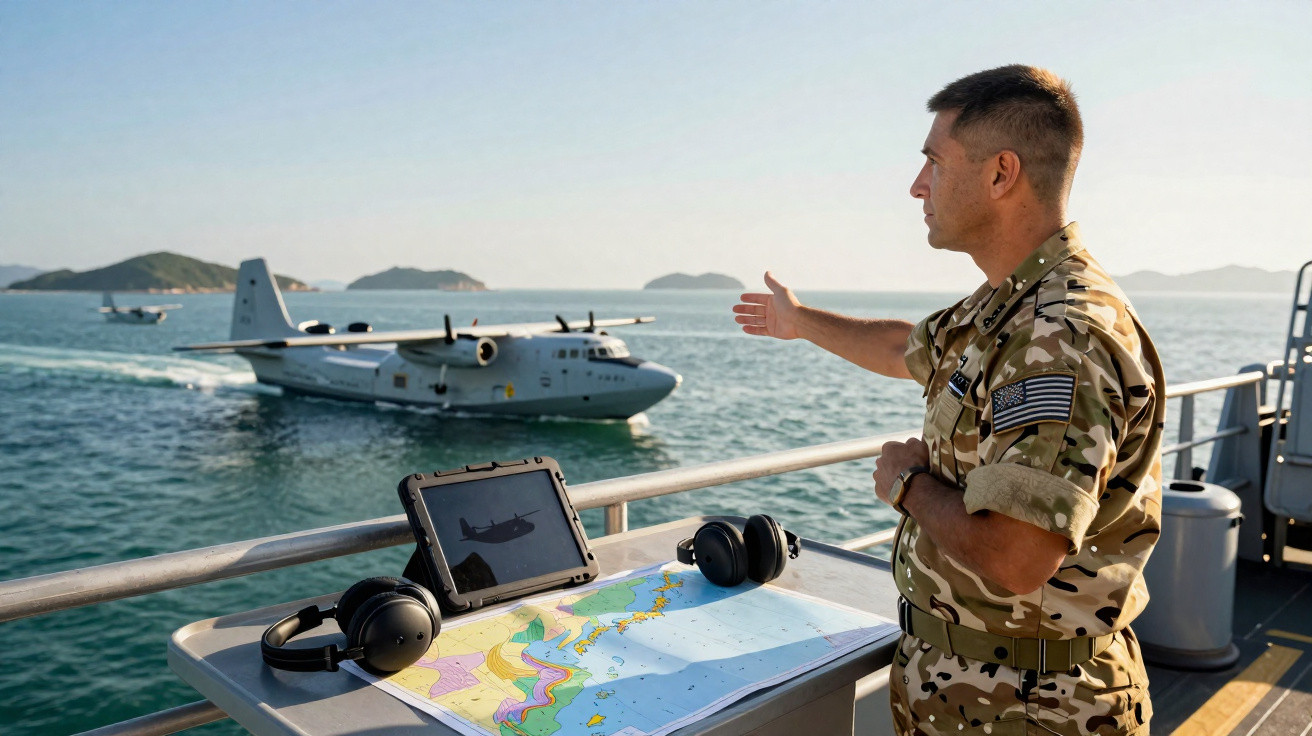 Militar em uniforme camuflado orienta pouso de hidroavião próximo a navio no mar calmo ao entardecer.