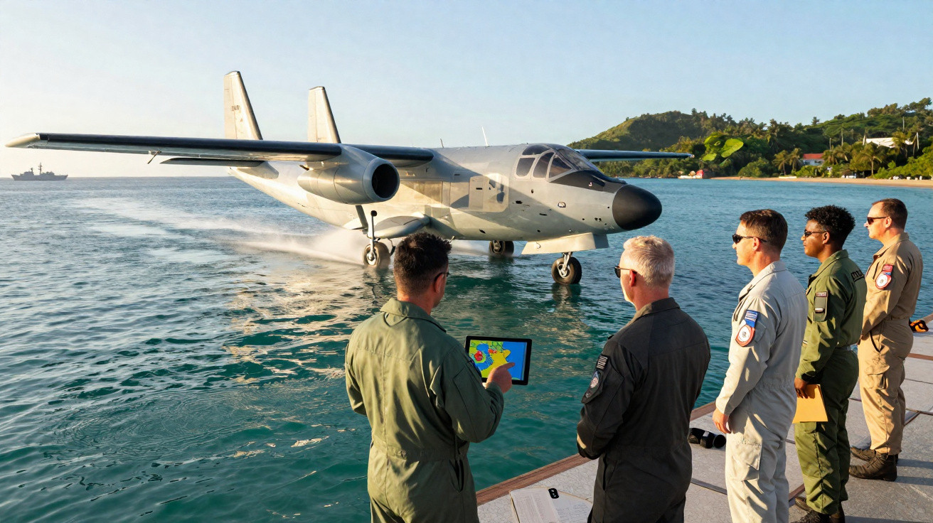 Quatro militares observam hidroavião decolando na água próximo a um pier com área verde ao fundo.