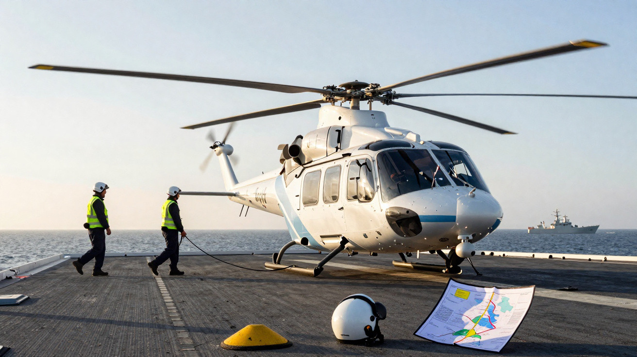 Helicóptero branco estacionado em convés com duas pessoas de colete e capacete e mapa no chão à beira-mar.