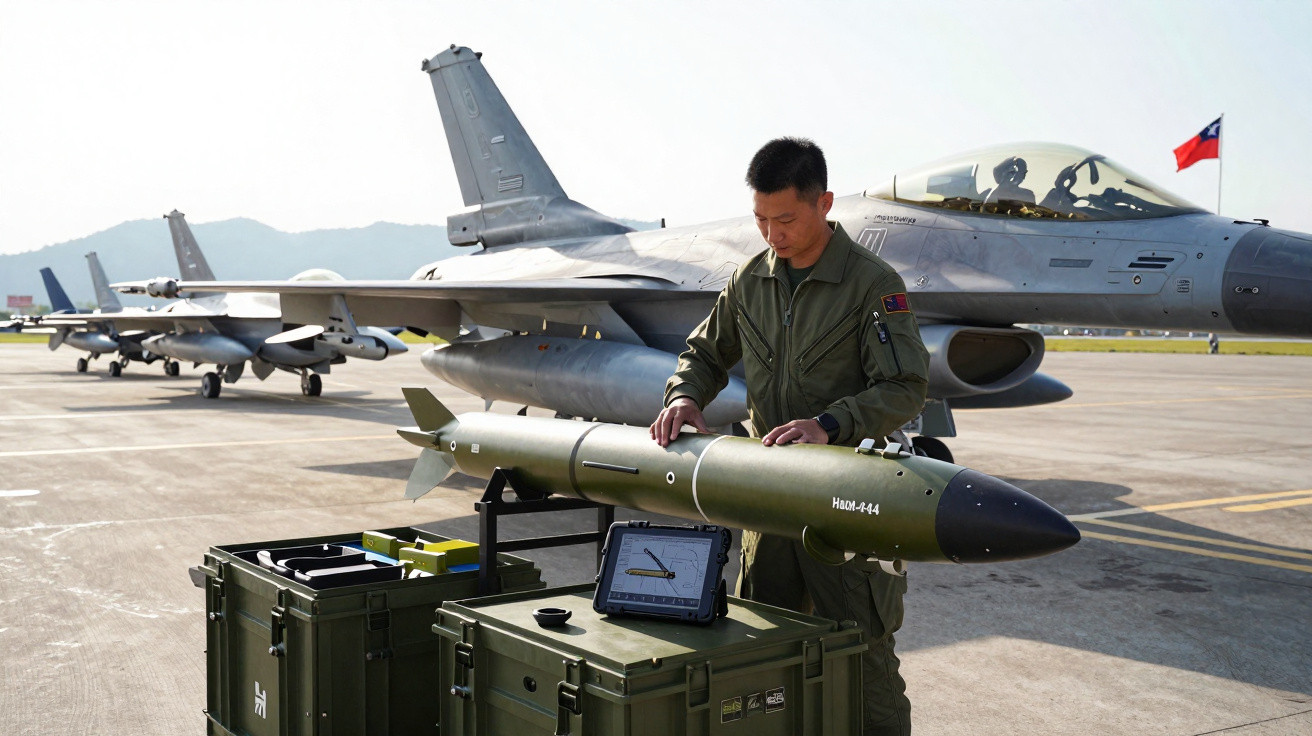 Militar em uniforme verde manuseia míssil próximo a jato militar estacionado em base aérea com bandeira de Taiwan.