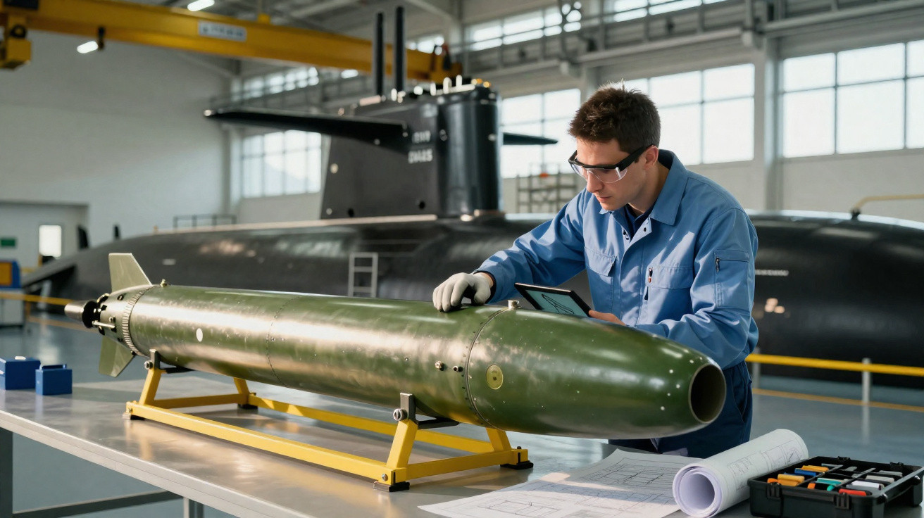 Engenheiro em macacão azul inspeciona torpedo verde em laboratório com submarino ao fundo.