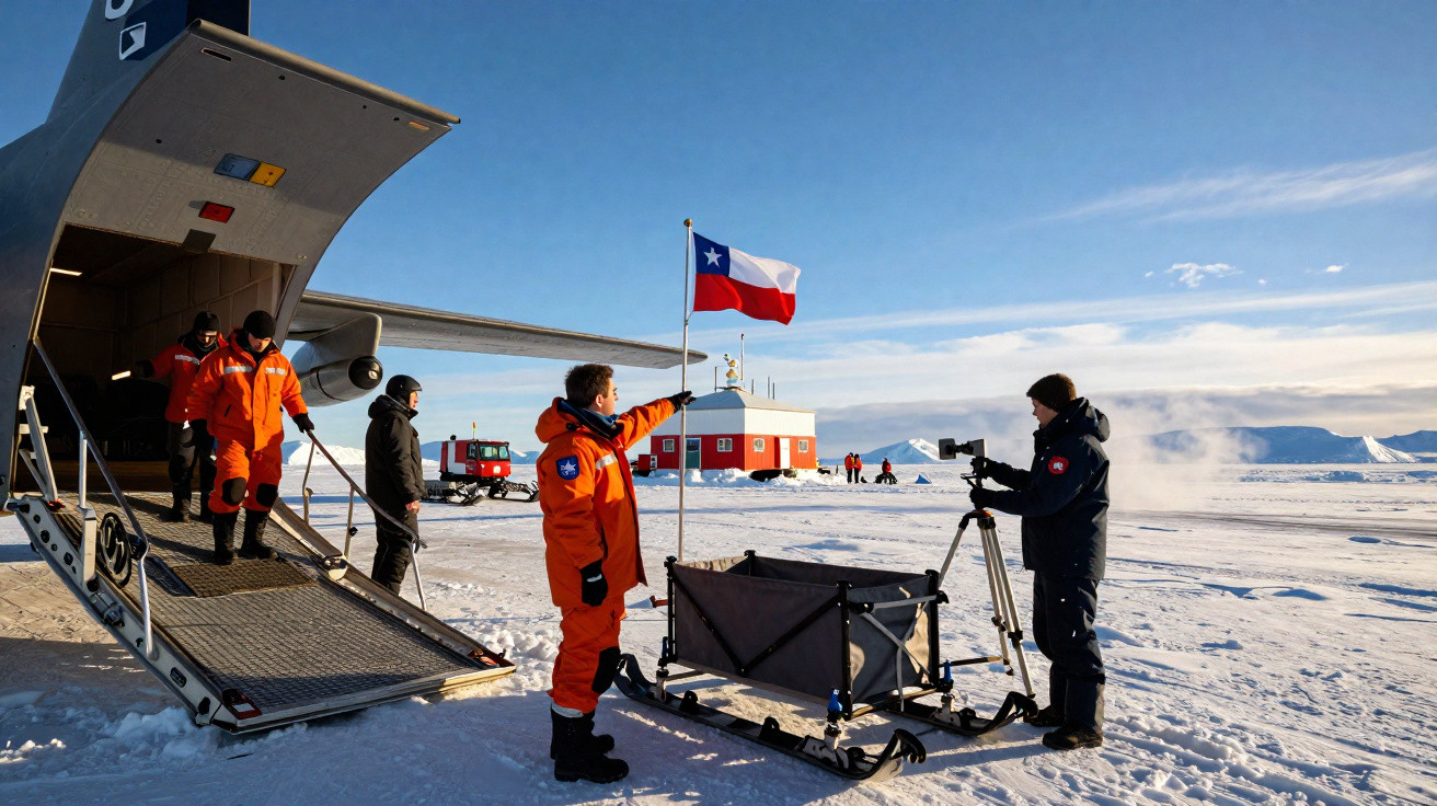 Equipe em roupas laranja desembarca de avião na Antártica próximo a bandeira do Chile e base científica.