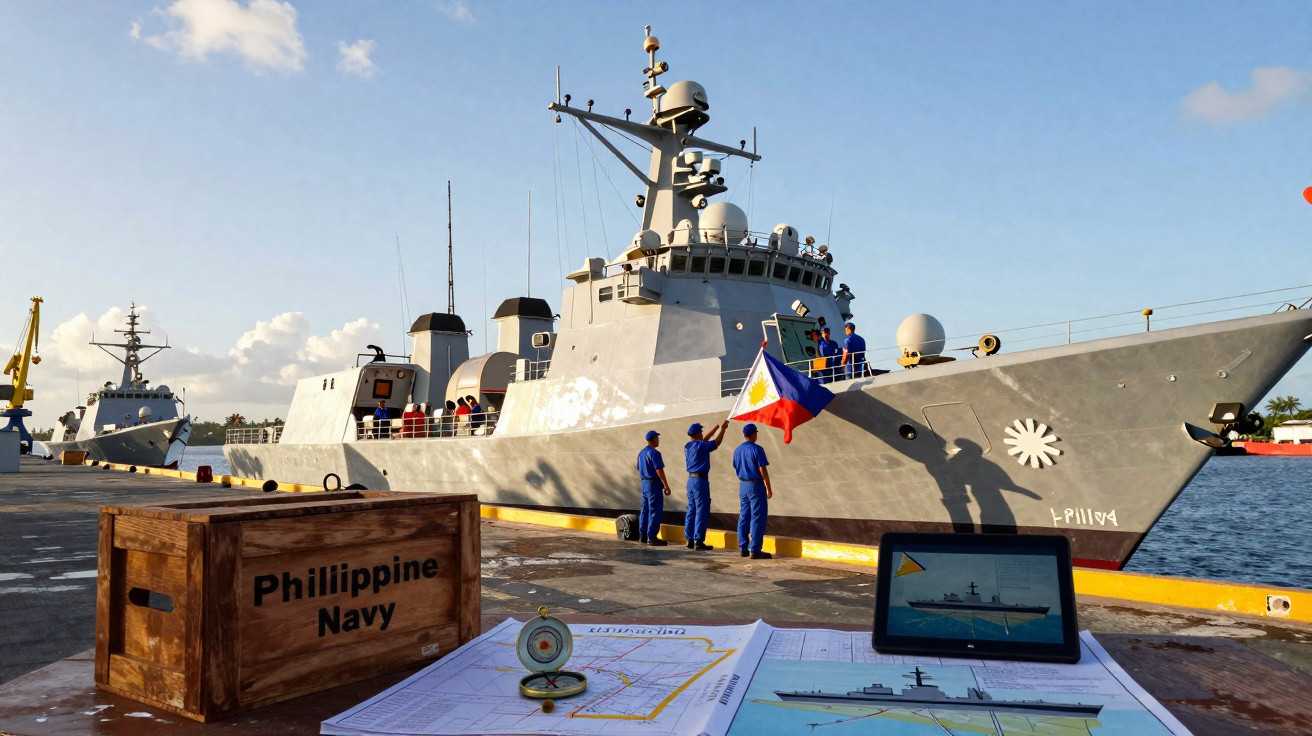 Navio da Marinha das Filipinas atracado com tripulação e mapas náuticos em primeiro plano.