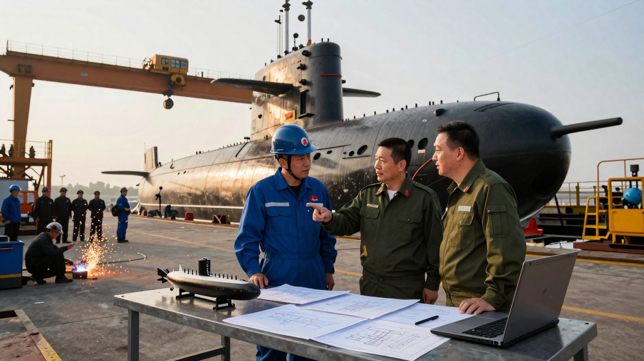 Três homens conversam diante de um submarino preto estacionado em estaleiro com mapas e notebook.