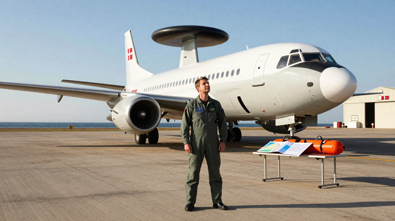 Homem fardado em frente a avião militar branco estacionado em pista sob céu claro.