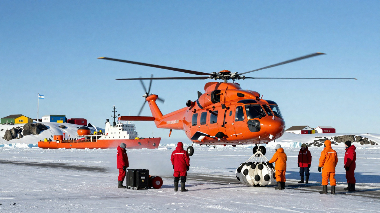 Helicóptero laranja pousa na neve com equipe em roupas térmicas vermelhas e laranjas em região polar.