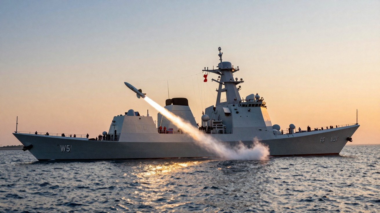 Navio militar cinza no mar ao entardecer lançando um míssil em trajetória ascendente.