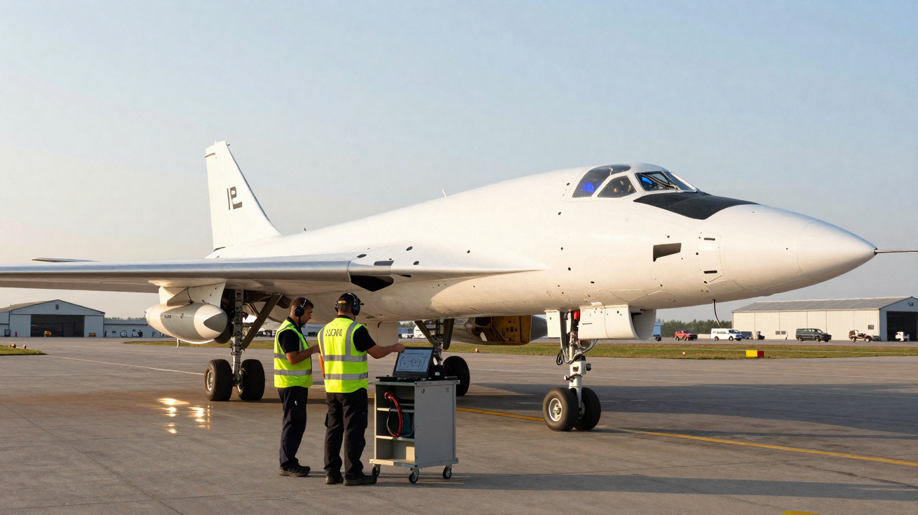 Avião militar branco no pátio com dois técnicos usando coletes refletores e equipamentos.