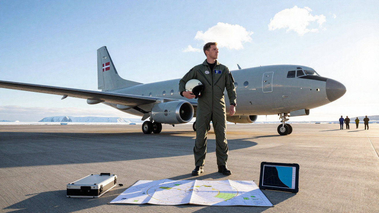 Homem vestido de piloto em pista diante de avião cinza com mapas e laptop ao chão.