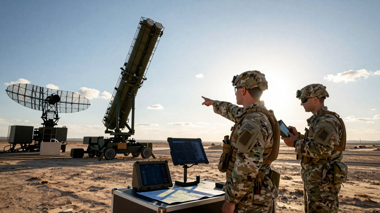 Dois soldados em uniformes camuflados operam sistemas de radar e mísseis em área desértica durante o dia.