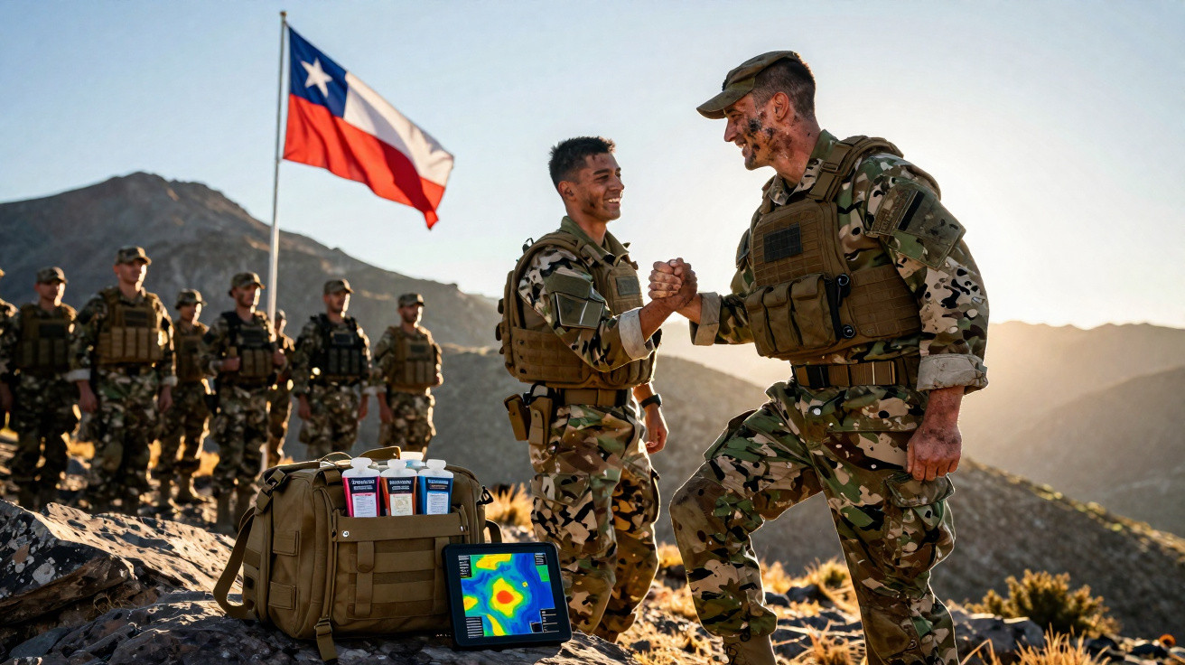 Soldados em uniformes camuflados se cumprimentam, com bandeira do Chile ao fundo em área montanhosa ao pôr do sol.