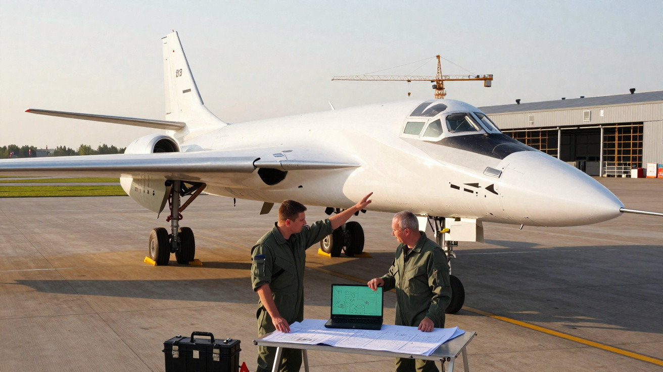 Dois pilotos em uniforme analisam mapas e laptop diante de jato branco estacionado em pista de aeroporto.