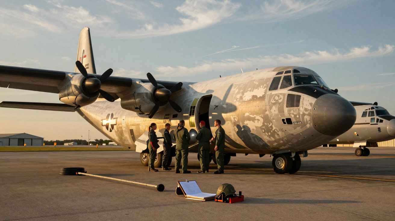 Avião militar C-130 Hercules cinza em pista com seis militares e equipamentos ao redor ao pôr do sol.