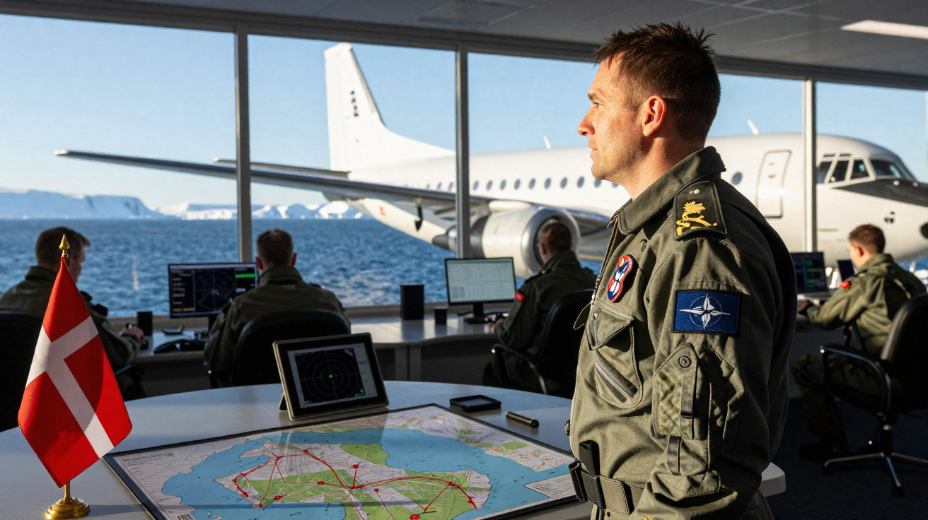 Militar observando avião em sala de controle com mapas e computadores, bandeira da Dinamarca presente.