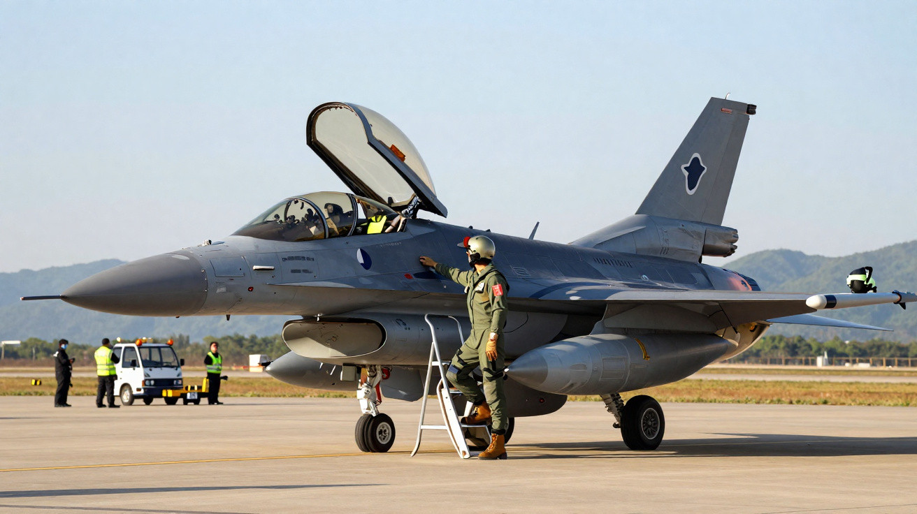 Caça F-16 da Força Aérea com piloto ao lado na pista de aeroporto sob céu claro.