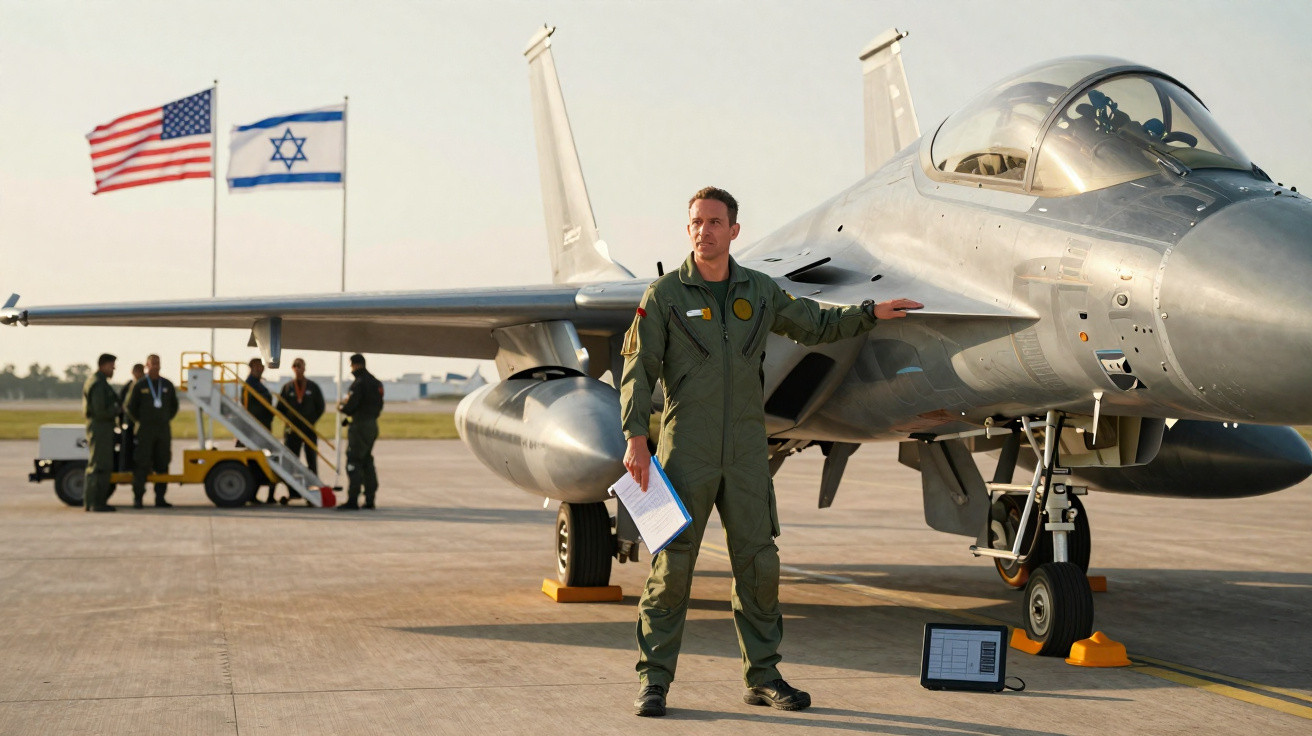 Militar em roupa de voo ao lado de caça estacionado com bandeiras dos Estados Unidos e Israel ao fundo.