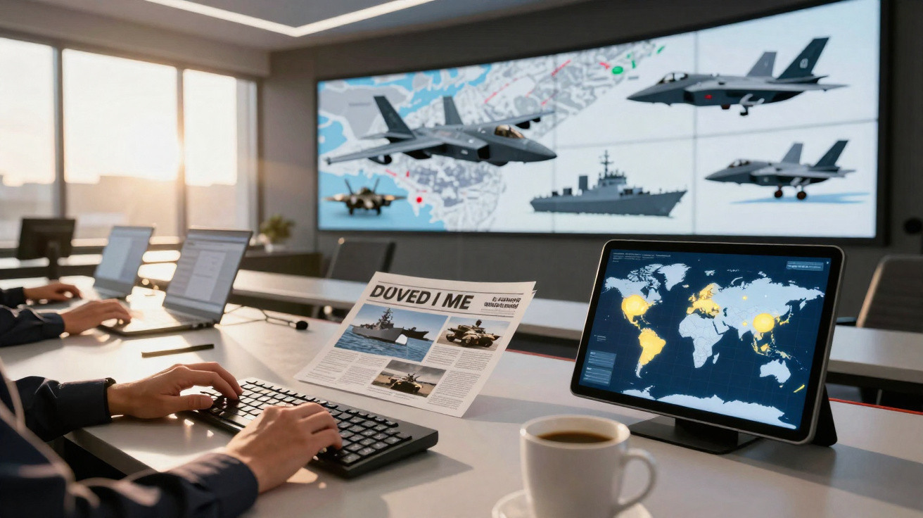 Sala de comando militar com tela de monitoramento, frotas aéreas e navais, e profissionais trabalhando.