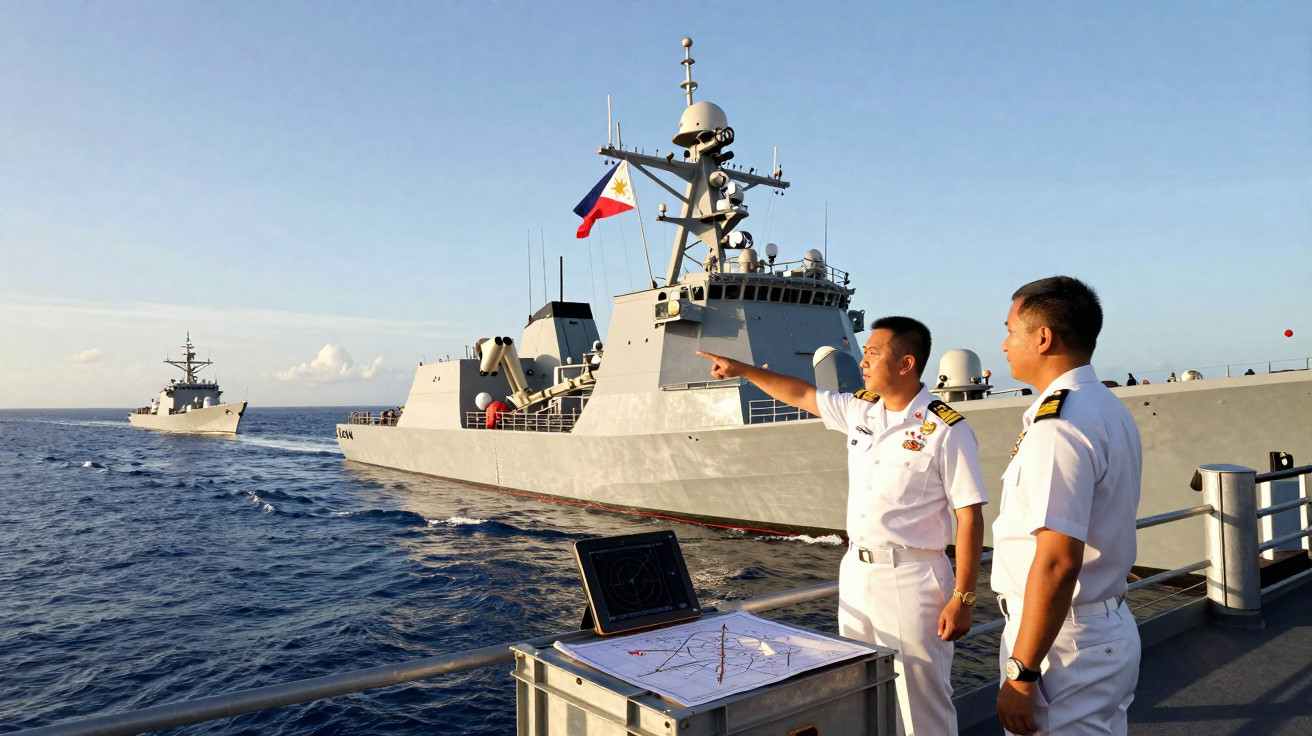 Dois tripulantes da marinha em uniforme branco observam navios de guerra no mar durante o dia.