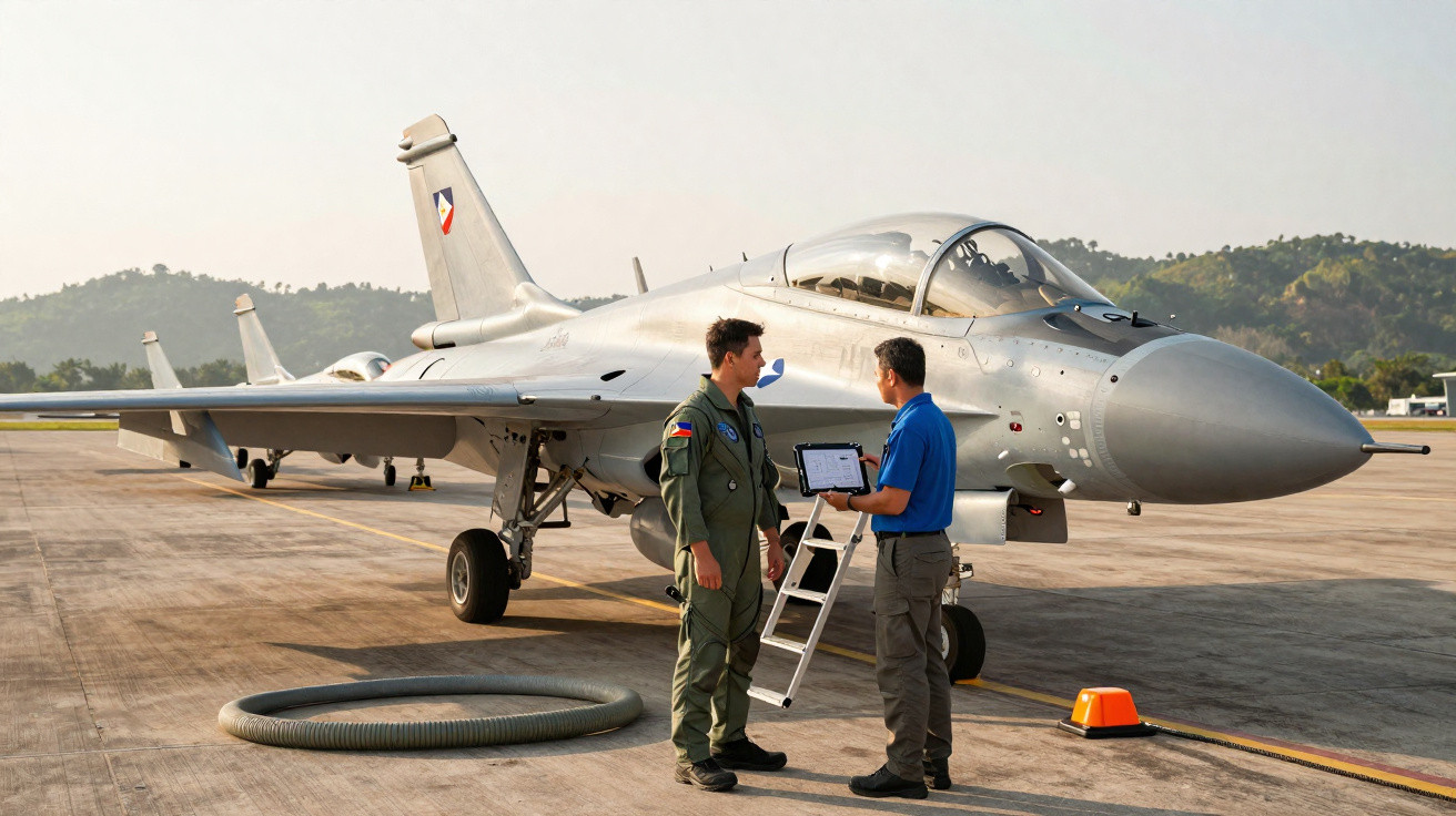 Dois homens ao lado de avião militar cinza estacionado em pista com colina ao fundo.