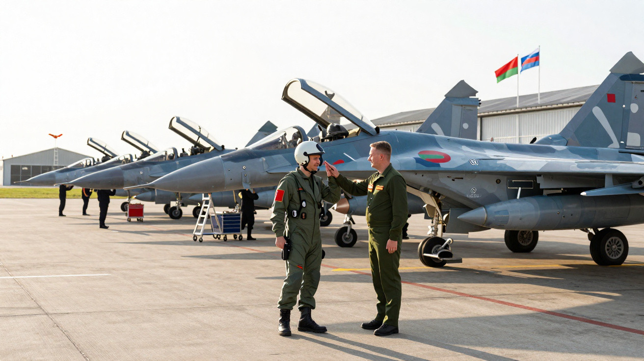 Pilotos e caças militares alinhados no pátio de uma base aérea em dia ensolarado.