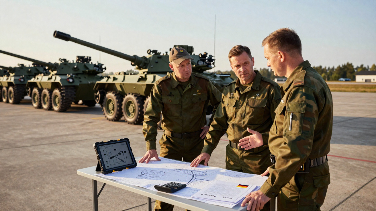 Três soldados em uniformes discutem planos militares ao ar livre com tanques ao fundo.