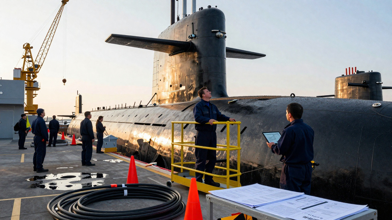 Equipe técnica realizando inspeção em submarino negro atracado em doca durante o dia.
