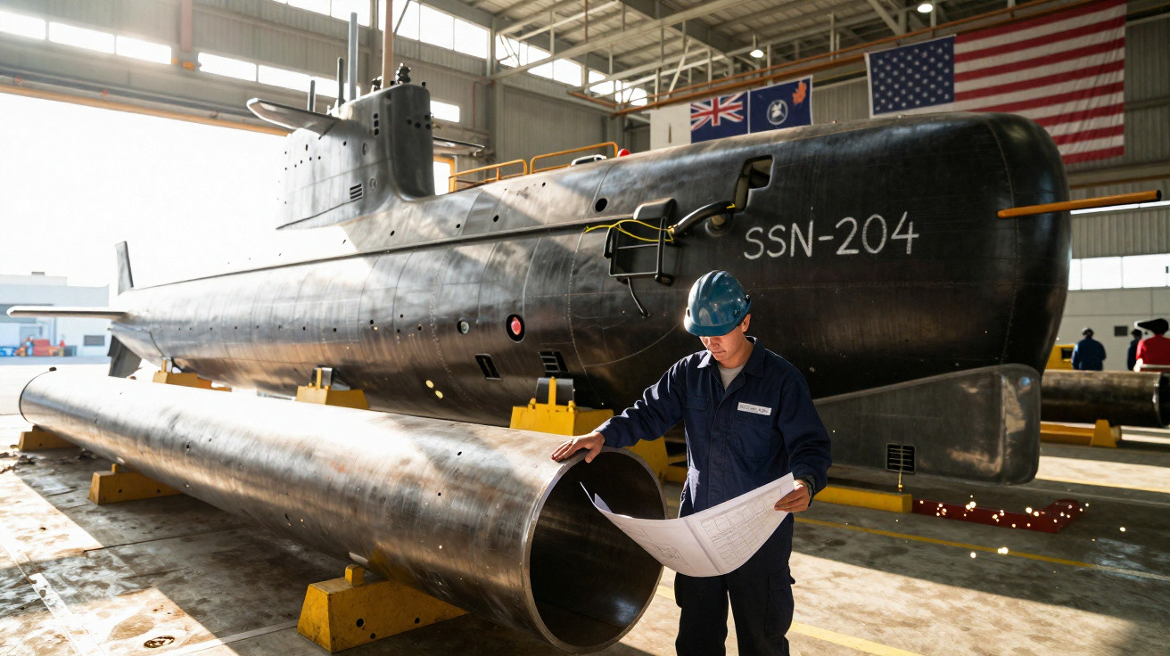 Homem de capacete azul analisa planta baixa em frente a submarino preto dentro de hangar.