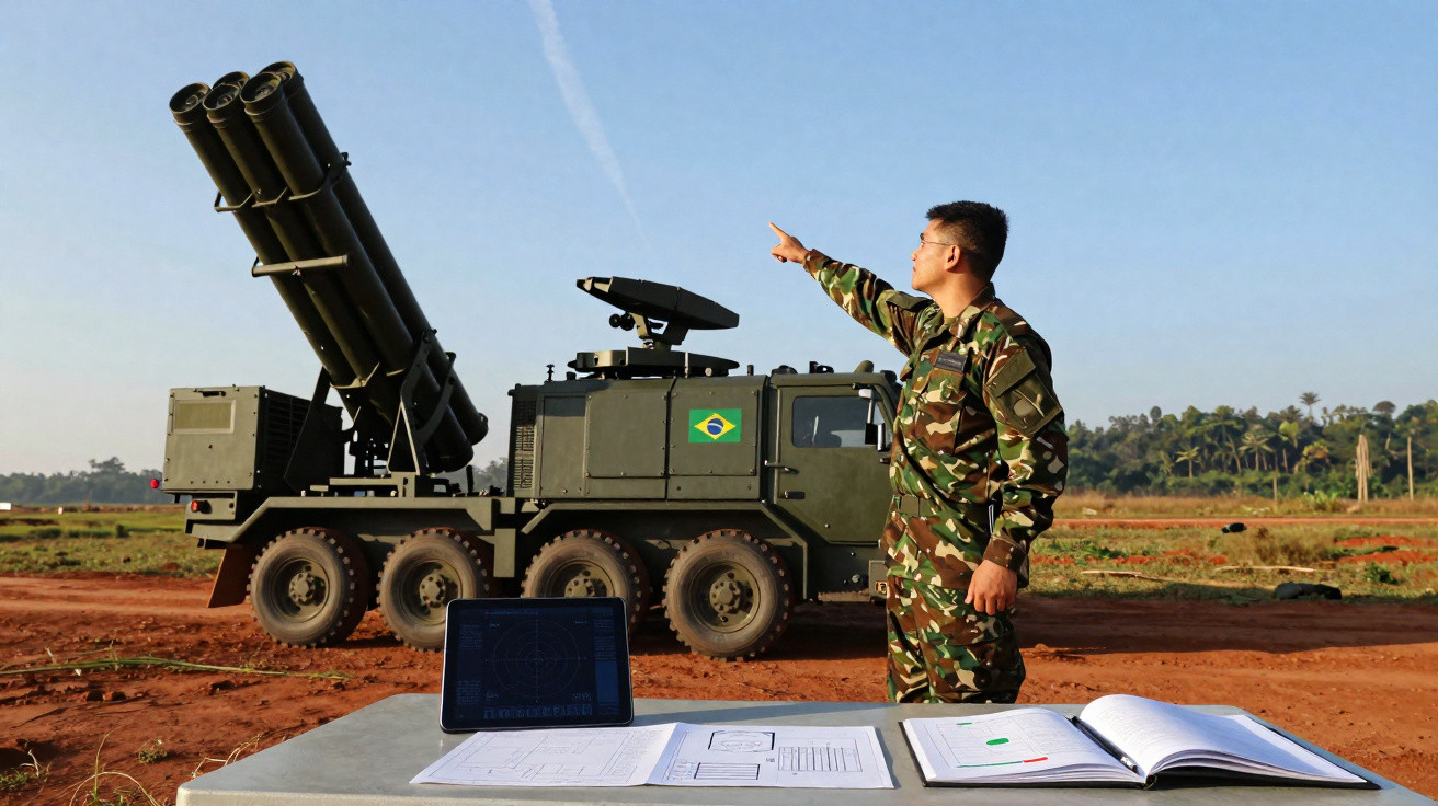 Militar brasileiro apontando para o céu perto de caminhão militar com lança-foguetes em campo aberto.