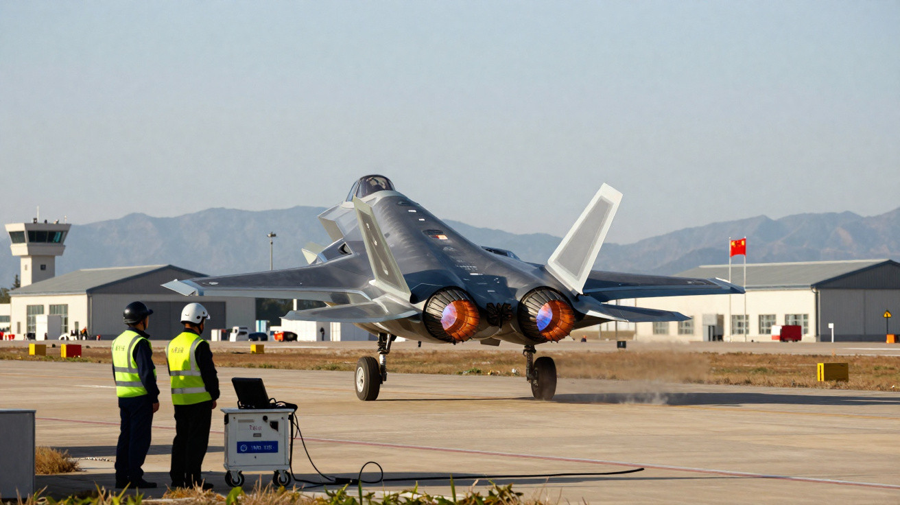 Caça militar decolando com motores em chamas em pista de aeroporto, com dois técnicos ao lado.
