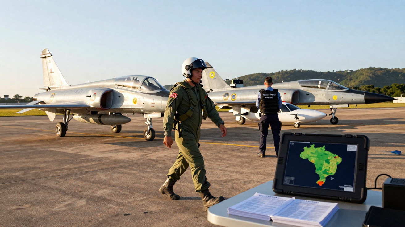 Piloto militar caminhando próximo a jatos em pista de aeroporto, com tela mostrando mapa do Brasil à frente.