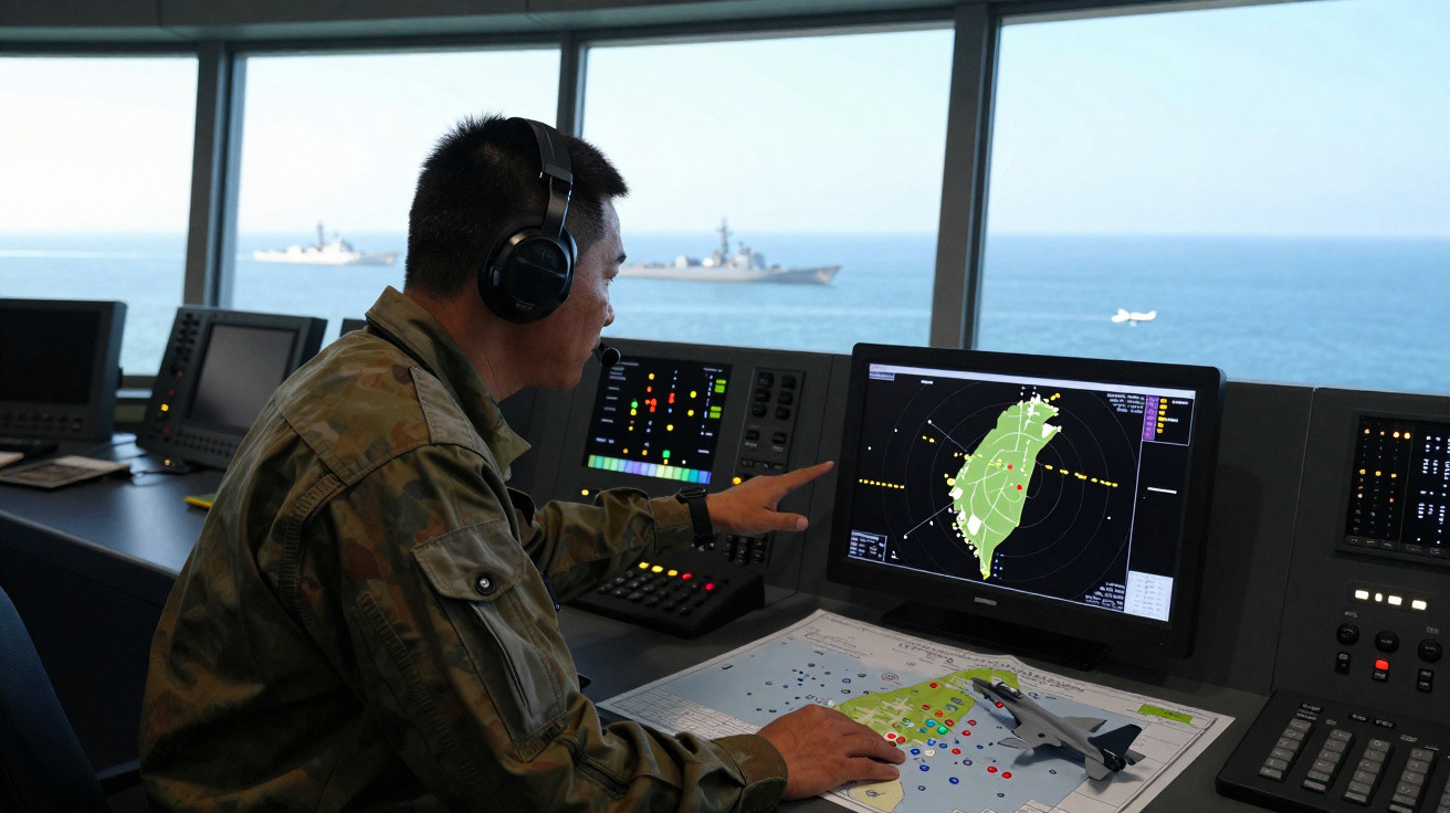 Militar observando radar e mapa em console dentro de navio com visão para o mar e outros navios ao fundo.