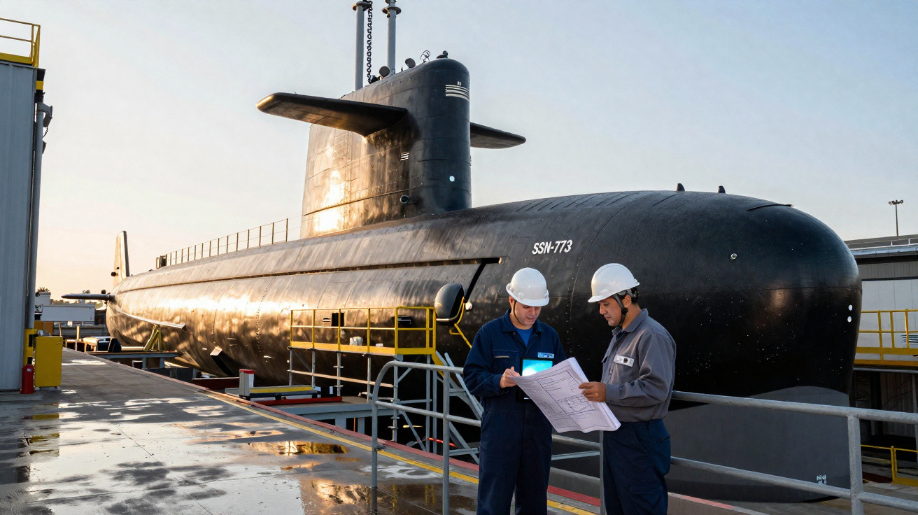 Dois engenheiros com capacetes brancos analisando plantas ao lado de um submarino preto SSN-773.