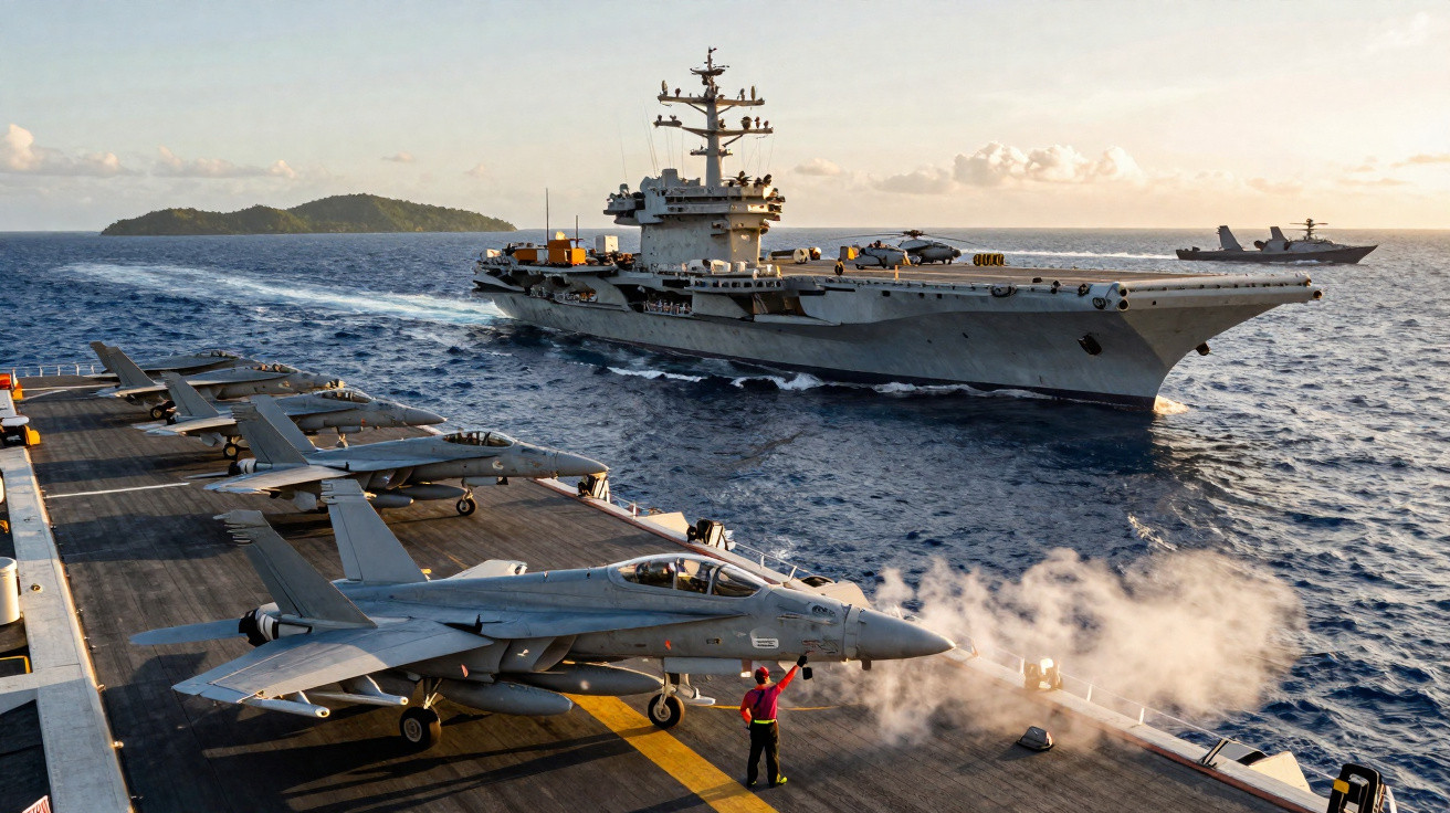 Porta-aviões americano com caças aeronáuticos e tripulante em sinalização no deck ao pôr do sol.