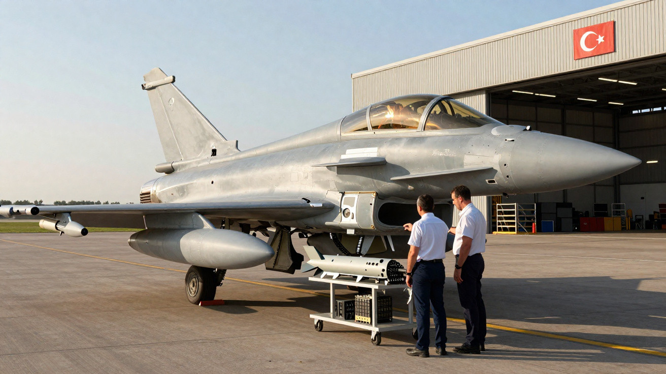 Caça militar estacionado com dois homens em uniforme próximo a um hangar com bandeira da Turquia.