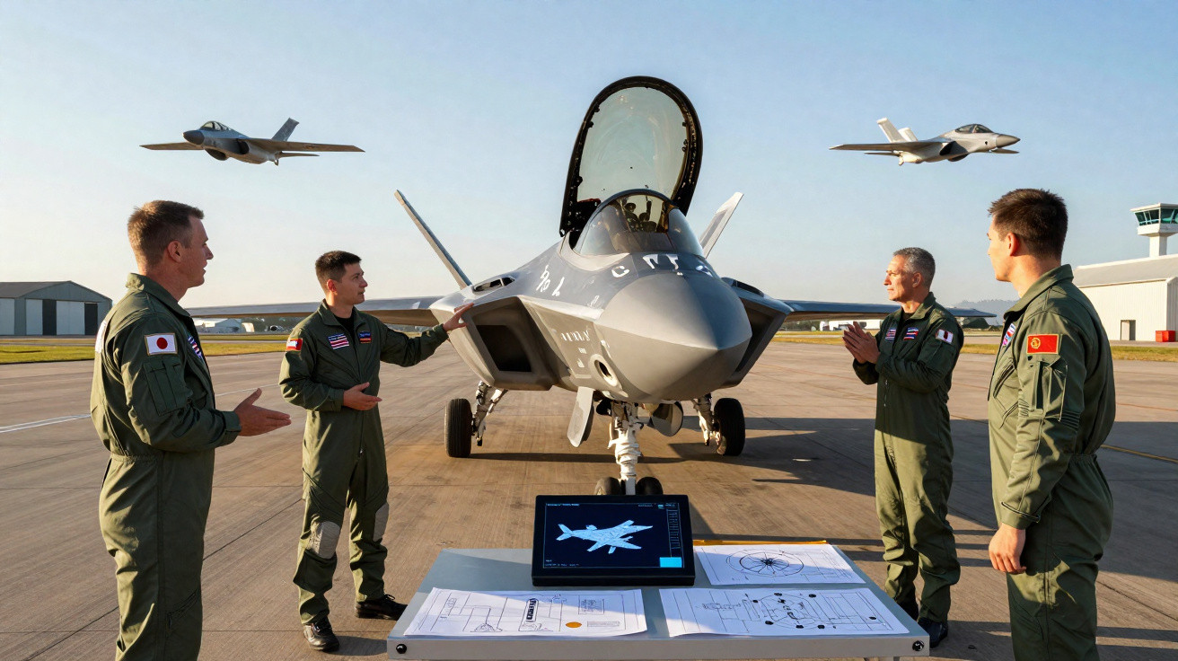 Quatro pilotos em uniforme ao redor do caça F-35 estacionado em pista com dois caças voando ao fundo.