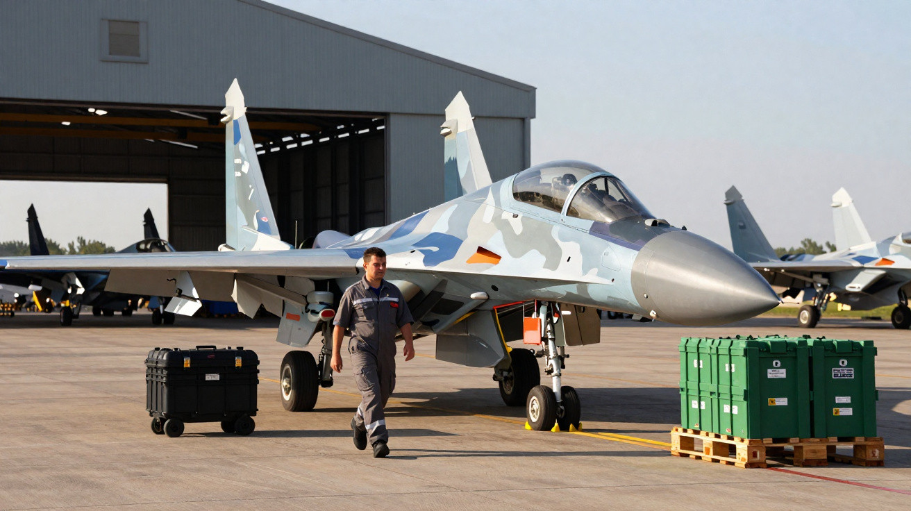Caça militar camuflado estacionado em pátio de base aérea com homem caminhando ao lado.