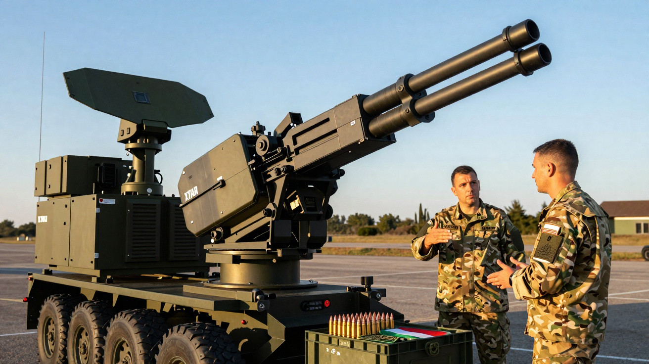 Soldados conversam ao lado de sistema de artilharia automatizada militar em veículo fora de estrada.