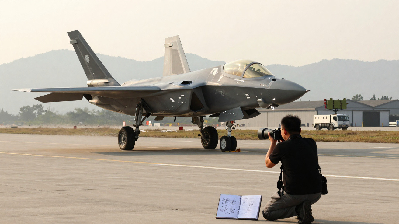 Fotógrafo agachado tirando foto de caça militar cinza estacionado em pista de aeroporto ao ar livre.