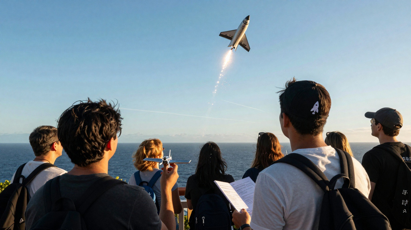 Pessoas observando e lançando mini foguete em formato de avião perto do mar ao entardecer.