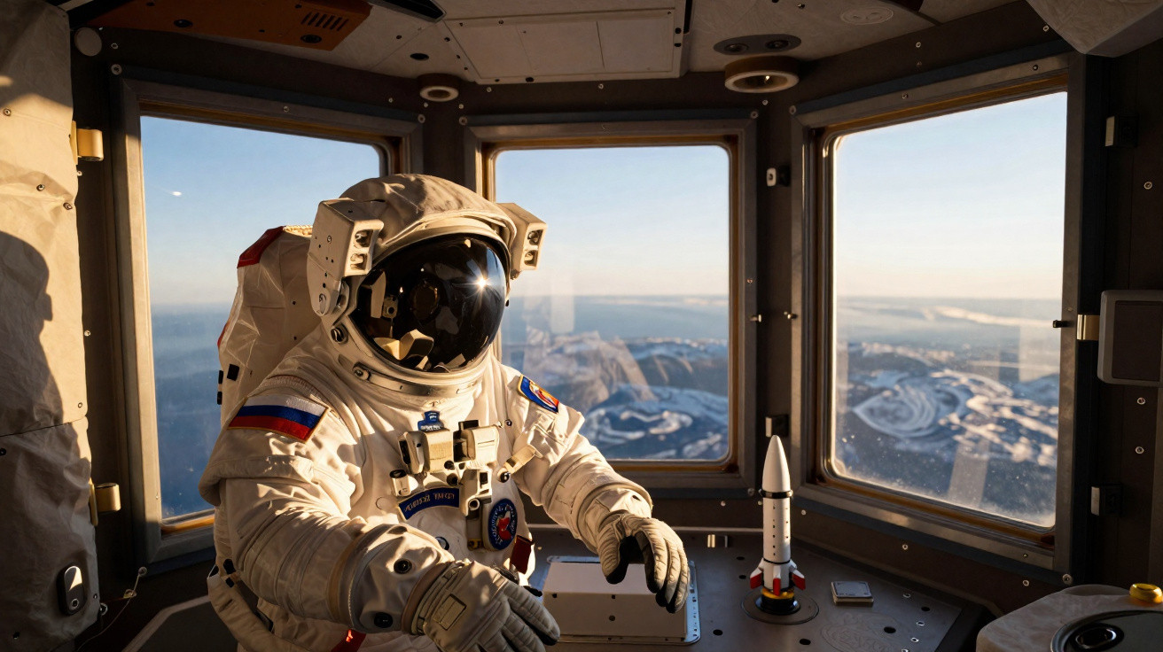 Astronauta russo dentro de cápsula com janelas mostrando paisagem de montanhas e neve ao fundo.