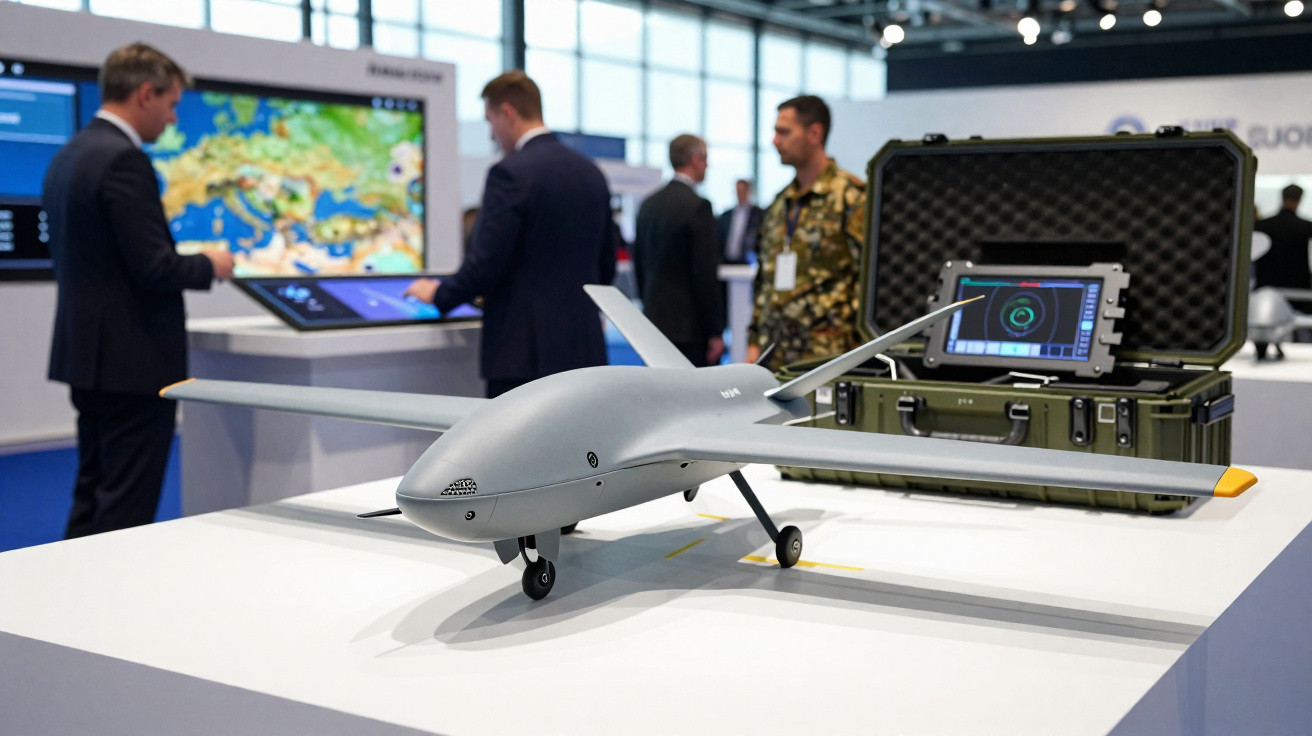 Modelo de drone cinza exposto em mesa branca com equipamento eletrônico e pessoas ao fundo.