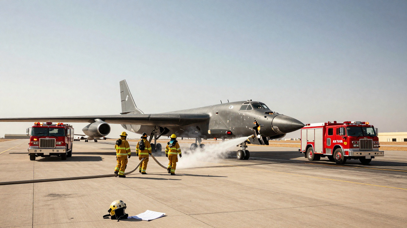 Avião militar cinza sendo resfriado por bombeiros com caminhões de incêndio no pátio de aeroporto.
