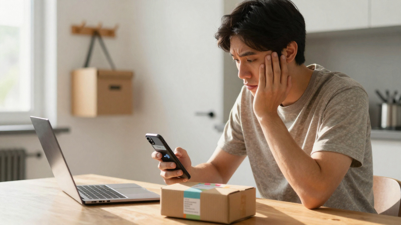 Jovem sentado à mesa olhando preocupado para o celular, com laptop aberto e caixa de entrega na frente.