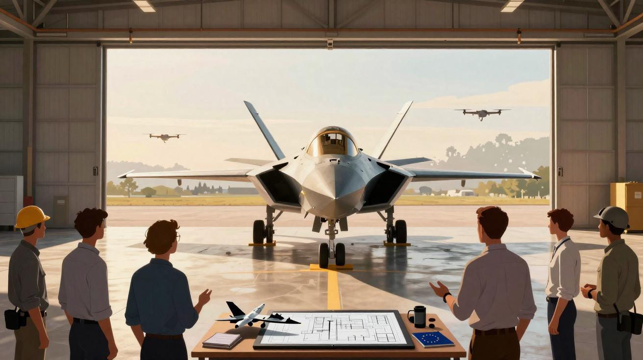 Equipe técnica observa caça furtivo estacionado em hangar, com drones voando ao fundo e planta sobre mesa.
